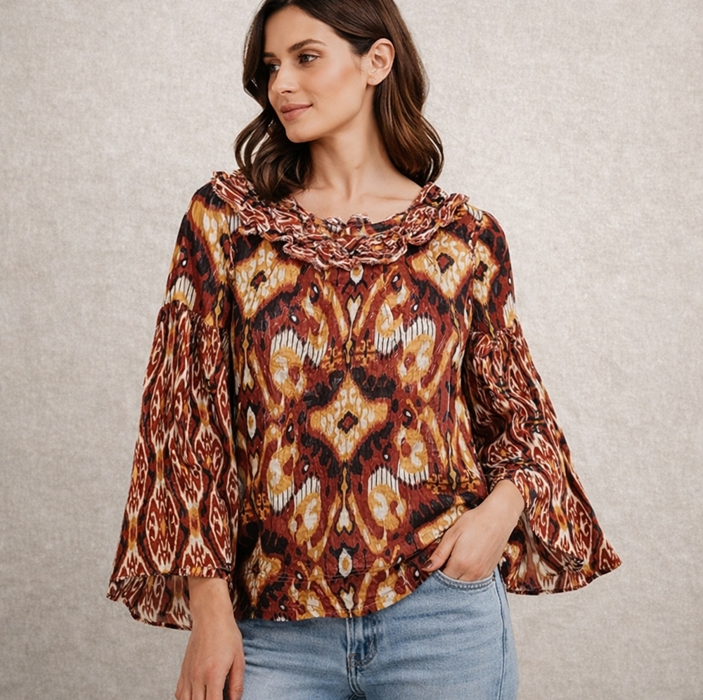 Tory Burch Silk Ikat Boho Blouse Size 6 Ruffle Peasant Flared Sleeve Layered Top